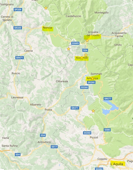 איור 2: מיקום כללי של אזור הרעידות I, II במרכז איטליה